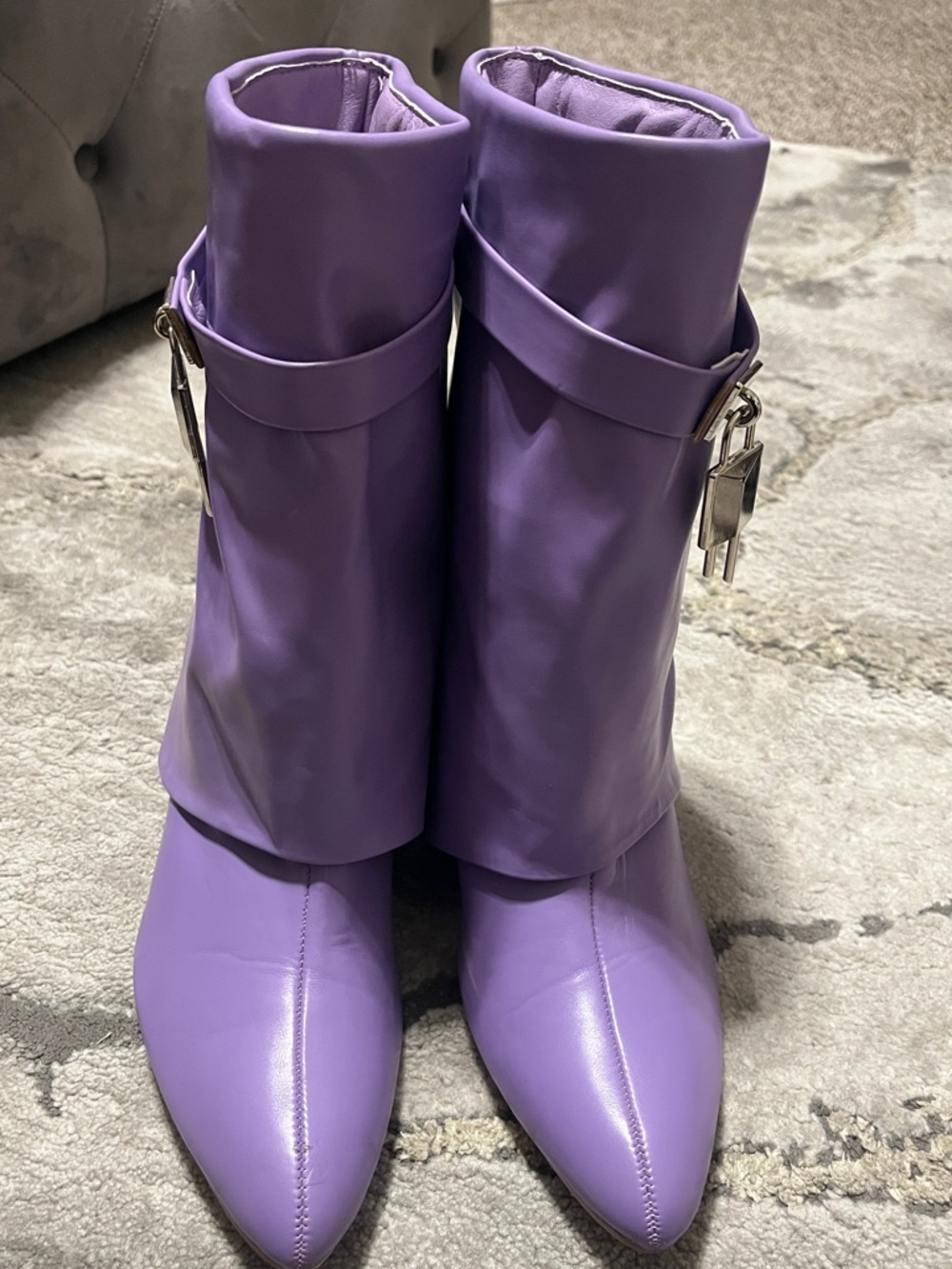 Liliana Lavender Pointed-Toe Ankle Boots with Buckle Charm